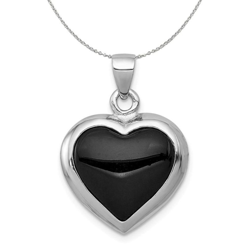 Silver, Onyx & Mother of Pearl Reversible Heart 17mm Necklace - 16 In